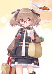  1girl ags-30_(girls_frontline) bag bangs black_skirt brown_eyes brown_hair brown_jacket carrot closed_mouth commentary_request curry curry_rice eyebrows_visible_through_hair food girls_frontline glasses hair_ornament haradaiko_(arata_himeko) highres holding holding_bag jacket long_sleeves paper plate puffy_long_sleeves puffy_sleeves red-framed_eyewear rice skirt smile solo spoken_food spoon standing two_side_up 