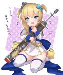  &gt;_&lt; 1girl absurdres aiguillette azur_lane back_bow bangs bird blonde_hair blue_bow blue_eyes blue_ribbon blush bow chick coat_dress collarbone collared_dress commentary_request crying crying_with_eyes_open dress eyebrows_visible_through_hair flying_sweatdrops full_body gold_trim hair_between_eyes hair_bow hair_ornament highres holding holding_sword holding_weapon kurono_hyouka little_renown_(azur_lane) long_sleeves looking_at_viewer manjuu_(azur_lane) no_shoes open_mouth polka_dot polka_dot_background purple_background ribbon seiza short_hair sidelocks sitting skindentation solo_focus sword tears thighhighs translation_request two-tone_background two_side_up upper_teeth weapon white_background white_dress white_legwear younger zettai_ryouiki 