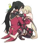  2girls absurdres barefoot bird black_hair blonde_hair blush breast_grab closed_eyes closed_mouth detached_sleeves ear_blush grabbing hand_under_clothes highres long_hair looking_at_another magilou_(tales) miiii multiple_girls pants parrot pointy_ears ponytail simple_background striped striped_pants tales_of_(series) tales_of_berseria thighhighs velvet_crowe white_background yuri 