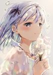  1girl birthday blush bouquet commentary_request eyebrows_visible_through_hair flower hair_ribbon heart holding holding_flower jewelry long_hair natsume_eri original purple_eyes purple_hair ribbon smile solo striped upper_body water_drop white_flower 