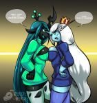  adventure_time anthro arthropod blue_body blue_skin breast_squish breasts breasts_frottage cartoon_network changeling cleavage_cutout clothing crown dialogue duo eye_contact female friendship_is_magic hi_res ice_queen keyhole_turtleneck looking_at_another my_little_pony queen_chrysalis_(mlp) royalty squish sweater teaspoon topwear torn_clothing 