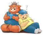  2019 anthro belly blush book bottomwear bovid bovine cattle clothing domestic_pig duo kemono male male/male mammal overweight overweight_male pants shirt shorts simple_background sitting sleeping suid suina sus_(pig) topwear toshi_(artist) white_background 