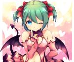  1girl bare_shoulders blue_eyes bow cleavage_cutout closed_mouth demon_girl demon_tail demon_wings elbow_gloves eyebrows_visible_through_hair fingerless_gloves gloves green_hair hair_bow hatsune_miku heart heart_background heart_cutout heart_hunter_(module) highres index_finger_raised looking_at_viewer navel one_eye_closed pink_gloves red_bow ryuuga_sazanami short_hair smile solo tail twintails upper_body vocaloid wings 