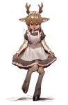  absurd_res anthro antlers apron blush brown_body brown_eyes brown_fur brown_hair cervid clothed clothing crossdressing footwear fur girly hair hi_res hooves horn kkyattyu maid_headdress maid_uniform male mammal mary_janes multicolored_body multicolored_fur nervous shoes simple_background smile solo two_tone_body two_tone_fur uniform white_background white_body white_fur wristband 