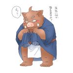  1:1 2019 anthro asian_clothing blush clothing east_asian_clothing fundoshi humanoid_hands japanese_clothing japanese_text kemono male mammal overweight overweight_male robe simple_background solo suid suina sus_(pig) text toshi_(artist) underwear white_background wild_boar 