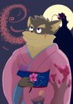  absurd_res anthro asian_clothing canid canine canis clothed clothing crossdressing domestic_dog east_asian_clothing eggplant food fruit hi_res japanese_clothing kemono kimono male mammal moon moritaka mount_fuji plant sakura solo tanuki1029 tokyo_afterschool_summoners video_games 