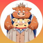  1:1 2019 anthro blush bovid bovine cattle clothing domestic_pig duo eyes_closed hug kemono male male/male mammal overweight overweight_male shirt suid suina sus_(pig) topwear toshi_(artist) 