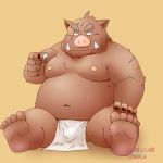  1:1 2018 anthro asian_clothing belly brown_body brown_fur bulge clothing east_asian_clothing fundoshi fur humanoid_hands japanese_clothing kemono male mammal moobs navel nipples overweight overweight_male scar simple_background sitting solo suid suina sus_(pig) toshi_(artist) underwear wild_boar 
