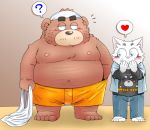  &lt;3 2019 ? anthro belly blush bottomwear bulge clothing domestic_cat duo felid feline felis fur kemono male male/male mammal moobs navel nipples overweight overweight_male pants shirt topwear toshi_(artist) underwear ursid white_body white_fur 