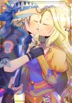  1boy 1girl black_gloves black_jacket blonde_hair blush breasts brown_hair celes_chere closed_eyes closed_mouth collarbone commentary_request commission earrings facing_another final_fantasy final_fantasy_vi gloves hetero holding_hands jacket jewelry kou_hiyoyo locke_cole long_hair medium_breasts orange_jacket parted_bangs parted_lips puffy_short_sleeves puffy_sleeves purple_shirt shirt short_sleeves skeb_commission very_long_hair white_shirt 