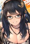  1girl bangs bare_shoulders black-framed_eyewear black_hair blush breasts brown_hairband cleavage collarbone ear_piercing glasses granblue_fantasy grey_eyes grin hairband highres illnott jewelry koretsuki_azuma large_breasts long_hair looking_at_viewer necklace off-shoulder_shirt off_shoulder paint_splatter piercing shirt smile splatter_background 