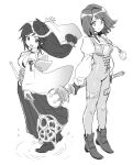  2girls beads bodysuit dede_(qwea_00000) detached_sleeves final_fantasy final_fantasy_ix final_fantasy_x full_body garnet_til_alexandros_xvii gloves greyscale hair_beads hair_ornament hakama hakama_skirt highres in-franchise_crossover japanese_clothes lace-up_top long_hair looking_at_viewer low-tied_long_hair mage_staff monochrome multiple_girls open_mouth power_connection short_hair skirt smile staff_(ff10) trait_connection wide_sleeves yuna_(ff10) 