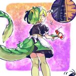  1girl 250en_remon back black_dress bug cockroach dragon_girl dragon_tail dress duel_monster flying_sweatdrops from_behind from_below green_hair highres maid maxx_c orange_eyes parlor_dragonmaid pesticide solo sweat tail twintails yu-gi-oh! zettai_ryouiki 