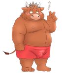  2019 anthro belly blush bottomwear bovid bovine brown_body brown_fur bulge cattle clothing fur humanoid_hands kemono male mammal moobs nipples overweight overweight_male shorts simple_background solo toshi_(artist) white_background 