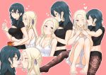  /\/\/\ 2girls ;d bare_legs barefoot black_hair black_shirt blonde_hair blue_eyes blush braid breasts brown_legwear byleth_(fire_emblem) byleth_(fire_emblem)_(female) cleavage cleavage_cutout closed_eyes coffee_mug collarbone cup dress edelgard_von_hresvelg eye_contact finger_to_another&#039;s_cheek fire_emblem fire_emblem:_three_houses food forehead fukuroumori full_body hair_ribbon heart height_difference highres holding holding_cup holding_hands hug hug_from_behind interlocked_fingers knees_up looking_at_another medium_breasts mouth_hold mug multiple_girls multiple_views one_eye_closed open_mouth outline panties pantyhose pantyshot pink_background pocky pocky_kiss profile purple_eyes purple_ribbon ribbon shirt short_sleeves sidelocks simple_background sitting sleeveless sleeveless_dress smile sundress underwear upskirt white_dress white_outline white_panties yuri 