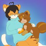 anthro big_breasts blush breasts brown_body brown_fur brown_hair clothing duo felid feline female feral fur hair hi_res hug jm-luxro lewxen luxro male male/female mammal molly_katze orange_body orange_fur pantherine shy size_difference sweater tiger topwear