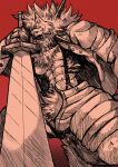 3_fingers abs absurd_res amber_eyes anthro armor athletic athletic_anthro athletic_male bottomwear canid canine claw_fingers claws clothed clothing crotch_lines crouching crouching_over_viewer dusk_lycanroc fingers fluffy fluffy_tail fur gauntlets generation_7_pokemon gloves hair handwear harness hatching_(art) hi_res jwbash kyoto_rex looking_at_viewer looking_down looking_down_at_viewer lycanroc male mammal mane melee_weapon monotone_background muscular muscular_anthro muscular_male neck_tuft nintendo open_clothing open_shirt open_topwear pecs perspective perspective_shot pokemon pokemon_(species) pokemon_mystery_dungeon scar shaded shirt shorts simple_background sketch solo spike_chunsoft spiky_hair suspenders sword tail topwear traditional_media_(artwork) tuft watermark weapon