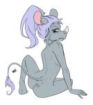  accessory anthro blue_eyes butt freckles girly glare hair hair_accessory horn looking_back male mammal nikolai_zaccarin novacantnames nude ponytail purple_hair resting_bitch_face rhinocerotoid sitting tail_tuft tuft 