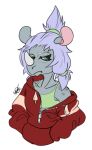  accessory anthro blue_eyes clothed clothing freckles girly hair hair_accessory hoodie horn makeup male mammal nikolai_zaccarin novacantnames purple_hair resting_bitch_face rhinocerotoid solo topwear 