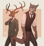  2020 absurd_res anthro antlers beastars blush bottomwear brown_body brown_fur canid canine canis cervid clothed clothing duo fully_clothed fur grey_body grey_fur hi_res horn inner_ear_fluff legoshi_(beastars) looking_at_another louis_(beastars) male mammal necktie pants shirt simple_background tail_grab topwear toth-m tuft wolf 