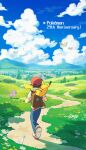  1boy absurdres anniversary backpack bag black_hair blue_pants blue_sky chueog cloud copyright_name cumulonimbus_cloud day dirt_road facing_away flower flying from_behind grass hashtag-only_commentary hat highres jacket male_focus mountainous_horizon orange_flower outdoors pants pidgey pikachu pokemon pokemon_(creature) pokemon_day pokemon_rgby purple_flower rattata red_(pokemon) red_hat red_jacket road scenery shoe_soles shoes short_hair short_sleeves sky spiked_hair town tree twitter_username walking white_flower 