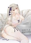 1girl alternate_costume ass azur_lane bandaid bandaid_on_face bangs blunt_bangs breasts cleavage collarbone commentary_request dated eyebrows_visible_through_hair formidable_(azur_lane) grey_hair hair_ribbon large_breasts long_hair looking_at_viewer lying nello_(luminous_darkness) on_side red_eyes ribbon sleepwear solo thighhighs twintails twitter_username two-tone_ribbon very_long_hair white_legwear 