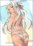  1girl ass back bikini blush breasts colored_pencil_(medium) dark_skin green_eyes large_breasts looking_at_viewer looking_back marker_(medium) original potto shy solo swimsuit traditional_media white_hair 