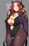  1girl 2020 :q agawa_ryou black_choker blue_eyes breasts bridal_gauntlets choker cleavage commentary covered_nipples curvy dated demon_girl demon_tail grey_background huge_breasts looking_at_viewer masturbation masturbation_through_clothing navel original pantyhose pointy_ears simple_background solo tail thick_thighs thighs tongue tongue_out 