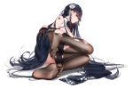  1girl ass azuma_(azur_lane) azuma_(soft_voice_of_spring)_(azur_lane) azur_lane bare_shoulders black_gloves black_hair black_legwear blush breasts brown_eyes china_dress chinese_clothes cleavage dress eyebrows_visible_through_hair feet flower gloves hair_between_eyes hair_flower hair_ornament hbb highres large_breasts legs long_hair looking_at_viewer lying no_shoes on_side simple_background smile soles solo tattoo thighhighs torn_clothes torn_legwear very_long_hair white_background white_flower 