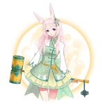  1girl :o animal_ear_fluff animal_ears animal_print back_bow blunt_bangs bow chinese_clothes commentary cropped_legs dockab dress frilled_skirt frilled_sleeves frills green_bow green_dress green_skirt grey_hair hair_bow hammer holding holding_hammer light_blush long_hair long_sleeves looking_at_viewer luna_angel_(miracle_nikki) miniskirt miracle_nikki moon nikki_(series) official_alternate_color open_mouth pink_eyes pink_hair rabbit_ears rabbit_girl rabbit_print short_dress sidelocks signature skirt skirt_under_dress solo standing tanabata weapon_behind_back white_background white_sleeves 