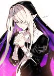  1girl absurdres closed_mouth elf fingernails hair_over_one_eye hands_together highres long_fingernails long_hair mayutsuba_mono nun original pointy_ears praying purple_eyes simple_background smile solo white_background white_hair 