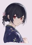  1girl black_hair blue_kimono closed_mouth cropped_shoulders floral_print floral_print_kimono flower hair_bun hair_flower hair_ornament highres idolmaster idolmaster_shiny_colors japanese_clothes kimono looking_at_viewer morino_rinze print_kimono red_eyes sim single_hair_bun solo white_background zhili_xingzou 