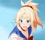  1girl :o bishoujo_senshi_sailor_moon blonde_hair blush choker cosplay fang fate/apocrypha fate_(series) felutiahime green_eyes heart heart_choker mordred_(fate) mordred_(fate)_(all) open_mouth ponytail red_scrunchie sailor_moon sailor_moon_(cosplay) sailor_moon_redraw_challenge school_uniform scrunchie serafuku solo surprised tiara twitter_username wavy_mouth 