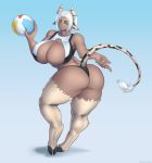 animal_humanoid ball beach_ball big_breasts big_butt bovid bovid_humanoid bovine bovine_humanoid breasts butt cleavage clothed clothing female hair hi_res huge_breasts huge_butt humanoid looking_back mammal mammal_humanoid rawgreen solo thong underwear white_hair 