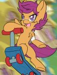  3:4 digital_media_(artwork) equid equine feathered_wings feathers female feral friendship_is_magic fur hair hi_res larrykitty mammal my_little_pony orange_body orange_feathers pegasus scootaloo_(mlp) scooter smile solo wings young 