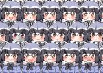  6+girls :p :t animal_ears black_fur blue_hair blue_sweater blush bow bowtie brown_eyes clenched_teeth common_raccoon_(kemono_friends) eyebrows_visible_through_hair fang fur_collar grey_hair heart heart_in_mouth highres kemono_friends multicolored_hair multiple_girls multiple_persona ngetyan nose_blush odd_one_out open_mouth patchwork_skin pout puffy_short_sleeves puffy_sleeves raccoon_ears raccoon_girl red_eyes short_hair short_sleeves sweat sweater tearing_up teeth tongue tongue_out wavy_mouth white_fur white_hair zombie 