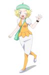  1girl bel_(pokemon) blonde_hair breasts green_eyes hat looking_at_viewer open_mouth pantyhose pokemon pokemon_(game) pokemon_bw ribonzu short_hair simple_background smile solo white_background 