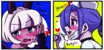 2017 2_panel_comic animal_humanoid arm_scar bangs blue_eyes blue_hair blunt_bangs blush blush_lines bob_cut bodily_fluids cat_humanoid choker clothed clothing cross_pupils cute_fangs dialogue digital_drawing_(artwork) digital_media_(artwork) duo english_text face_mask fangs felid felid_humanoid feline feline_humanoid female female/female fingerless_gloves gloves hair hair_over_eye hallucinationdream handwear hat headgear headwear heart_symbol holding_object holding_scalpel human human_on_humanoid humanoid interspecies jewelry looking_away love mammal mammal_humanoid medical_gloves medical_instrument mouth_scar nadia_fortune nails narrowed_eyes neck_scar necklace nurse nurse_clothing nurse_hat nurse_headwear one_fang open_mouth open_smile pale_skin pet_name ponytail red_eyes romantic romantic_couple scalpel scar scientific_instrument secretly_loves_it sharp_nails shy simple_background skullgirls smile surgical_instrument sweat sweatdrop tail talking_to_another tan_body tan_skin teasing teeth text valentine_(skullgirls) white_clothing white_gloves white_hair white_handwear