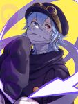  1girl bandages black_hat black_jacket blue_eyes blue_hair covered_mouth goggles goggles_on_headwear gunko hair_between_eyes hat heterochromia highres jacket looking_to_the_side one_piece red_eyes short_hair simple_background smi_op solo upper_body very_long_sleeves yellow_background 