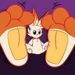  1:1 2020 3_toes alphaws ambiguous_gender black_eyes confusion feet feral foot_focus fur hi_res lagomorph mammal nintendo no_sclera paws pink_nose pok&eacute;mon pok&eacute;mon_(species) purple_background red_body red_fur scorbunny semi-anthro simple_background solo toes video_games white_body white_fur wiggle yellow_inner_ear 