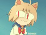  1girl :3 =3 ahoge animal_ears artist_name bangs bishoujo_senshi_sailor_moon blonde_hair blue_sailor_collar cat_ears chibi choker circlet commentary crescent derivative_work heart heart_choker highres jewelry kagetsu_tooya melty_blood meme mrsancheese_art nekoarc parody red_choker red_eyes sailor_collar sailor_moon_redraw_challenge sailor_senshi_uniform screencap_redraw short_hair slit_pupils smile solo tsukihime upper_body 