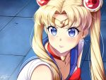  1girl bishoujo_senshi_sailor_moon blonde_hair blue_eyes breasts choker cleavage crescent crescent_earrings earrings hair_ornament heart heart_choker jewelry lipstick magical_girl makeup parted_lips sailor_collar sailor_moon sailor_moon_redraw_challenge solo twintails 