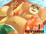  2020 anthro belly brown_body brown_fur clothed clothing eyewear fur glasses hat headgear headwear humanoid_hands lying male mammal moobs navel nipples open_shirt overweight overweight_male rampie shirt solo straw_hat tokyo_afterschool_summoners topwear ursid video_games volos water 