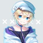  1boy bangs blonde_hair blue_eyes blush collar grin hair_between_eyes hat jacket leash looking_at_viewer male_focus original piercing smile solo yuduki 