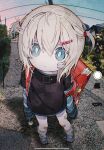  1girl absurdres ahoge animal_charm backpack bag bandage_on_face bandages bandaid bandaid_on_knee bandaid_on_leg bandaid_on_neck black_shirt bright_pupils child chromatic_aberration dandelion fake_phone_screenshot fake_screenshot fisheye flower foreshortening from_above full_body glitch hair_between_eyes hair_ornament hairclip highres layered_sleeves looking_at_viewer no_nose original outdoors randoseru shirt sleeves_past_fingers sleeves_past_wrists solo soresaki striped_sleeves two_side_up viewfinder white_hair white_pupils 