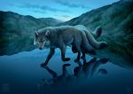  2019 canid canine cloud detailed_background feral fluffy fluffy_tail fox fur green_eyes kippycube light lighting mammal mountain multi_tail outside sky solo walking water 