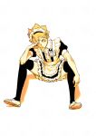  1boy apron arm_on_knee black_thighhighs blush collar commentary_request crossdressing elbow_on_knee frilled_apron frilled_collar frills full_body haikyuu!! hand_on_own_face highres hinata_shouyou juliet_sleeves long_sleeves looking_at_viewer maid maid_apron maid_headdress male_focus male_maid one_eye_closed orange_eyes orange_hair parted_bangs parted_lips puffy_sleeves shoes short_hair short_sleeves simple_background sitting solo thighhighs urup_zzz white_background white_shoes wing_collar 