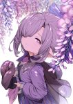  1girl feff672166 flower granblue_fantasy hair_over_one_eye harvin hat hat_removed headwear_removed nio_(granblue_fantasy) pointy_ears ponytail purple_eyes purple_hair white_background wisteria 