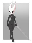  2_toes 5_fingers absurd_res anthro arthropod big_breasts black_body black_eyes black_skin breasts claws feet female fingers front_view genitals hi_res holding_object holding_weapon hollow_knight horn hornet hornet_(hollow_knight) humanoid hymenopteran insect kektails navel nipples outline pussy signature simple_background slim solo team_cherry toes vespid video_games walking wasp weapon 