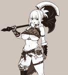  1girl areola_slip areolae axe bare_shoulders belt bracer breasts choker fingerless_gloves fur_trim gloves grey_background greyscale holding holding_axe houtengeki monochrome navel open_mouth original over_shoulder pointy_ears ponytail simple_background single_thighhigh solo thigh_strap thighhighs underboob weapon weapon_over_shoulder 